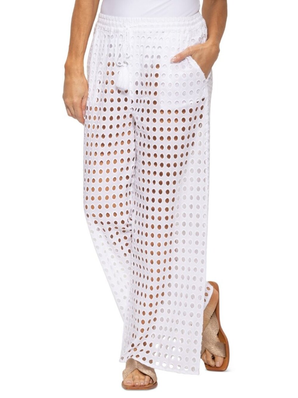 Dotti  Women's Cotton Openwork Dot Drawstring  White Cover-up Pants   NWT
